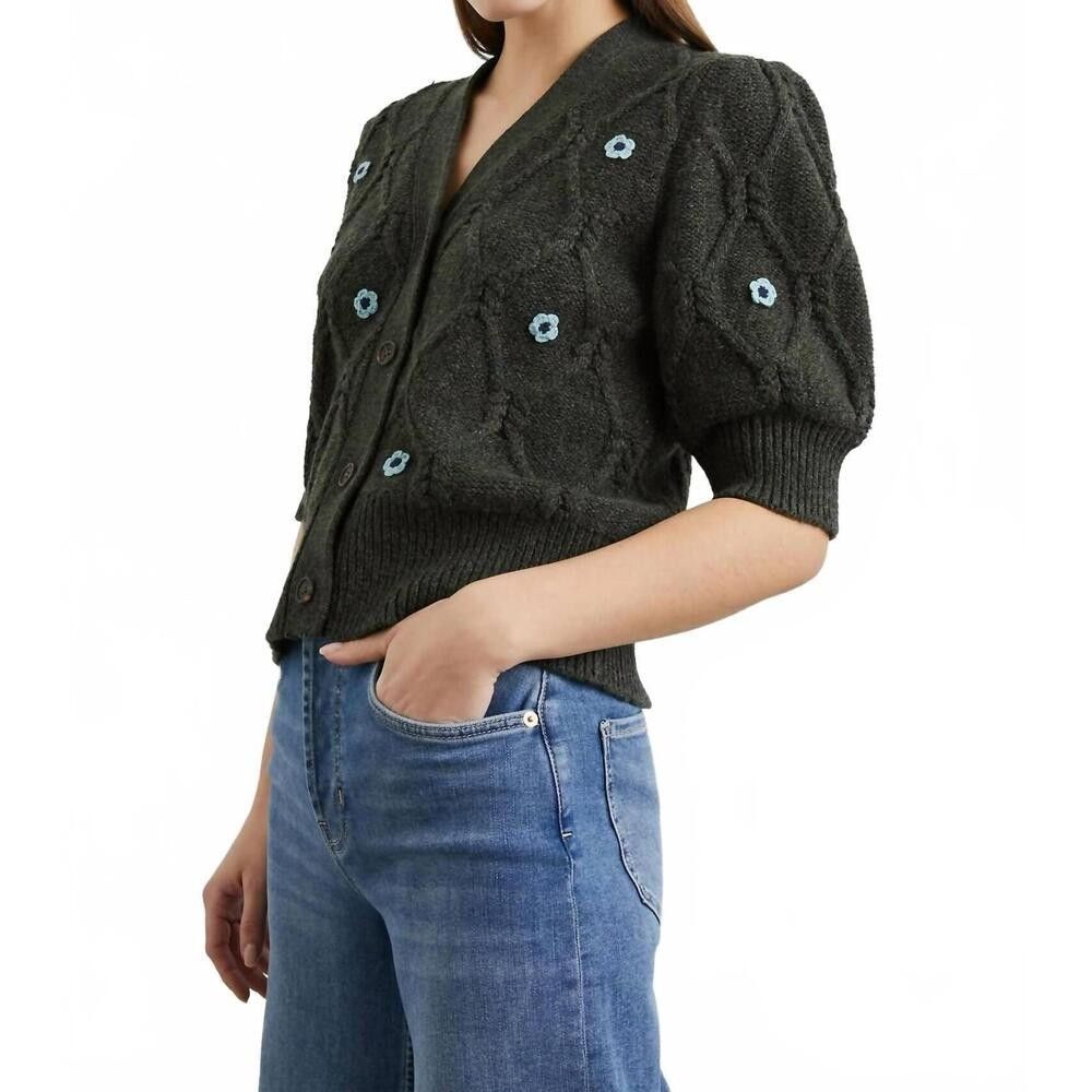 RAILS Isla Forest Daisies Cardigan Sweater Green Floral Cable Knit Size S